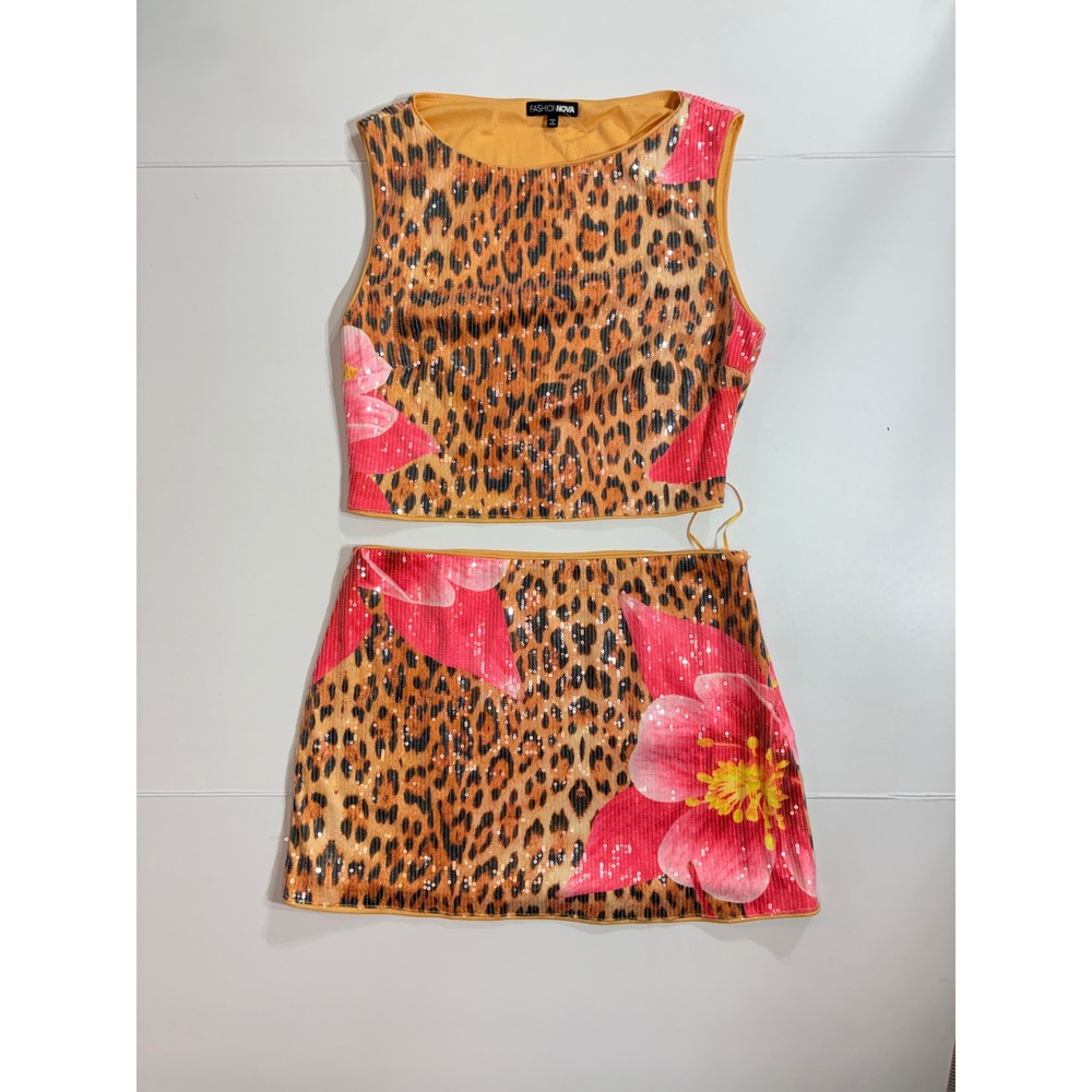 2 Piece Set Women Large Orange Leopard Floral Sequin Crop Top Skirt